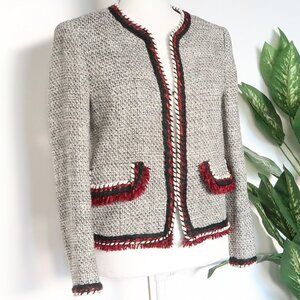 Zara Black & White Tweed Long Sleeve Blazer with Burgundy Fringe Size Small S